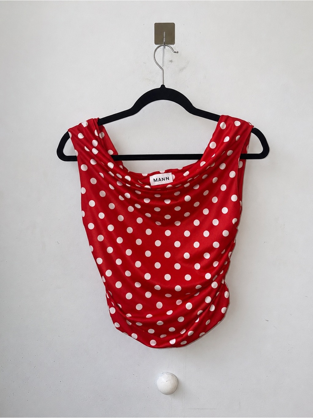 MANN Red Polka Dot Satin Cowl Crop Top